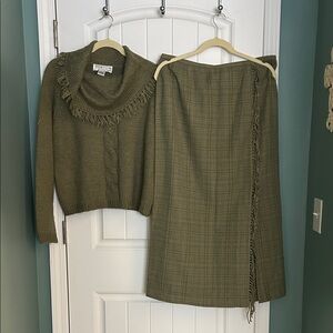 BUNDLE:  Olive Cowl Neck Sweater and matching plaid fringe skirt